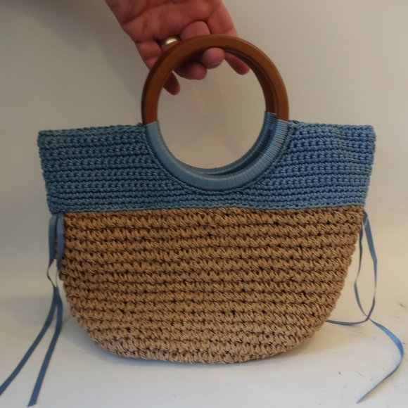 WOMENS UNBILLION BLUE TAN BURLAP WOOD DOUBLE HANDLE HANDBAG * - Picture 4 of 9